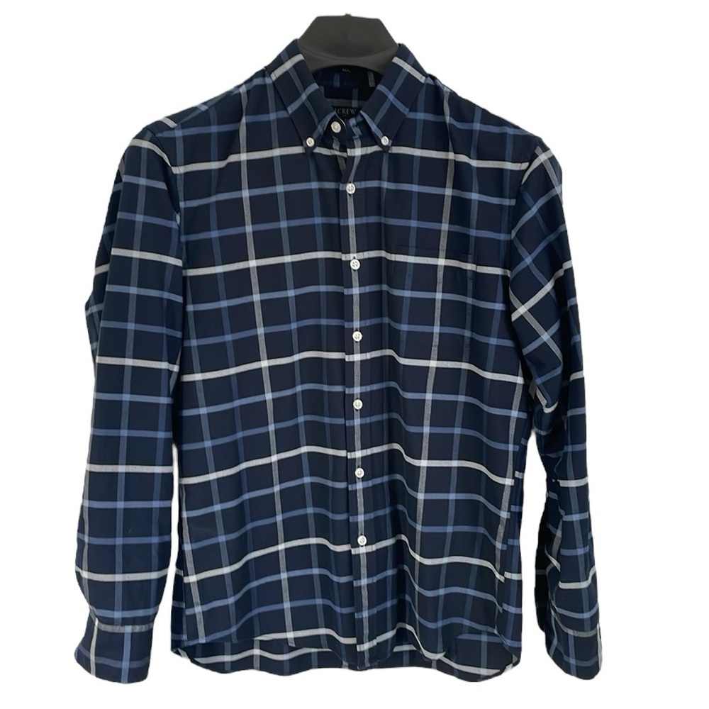 J. Crew men’s Size Large Slim blue & white plaid cotton Flex Oxford shirt.‎